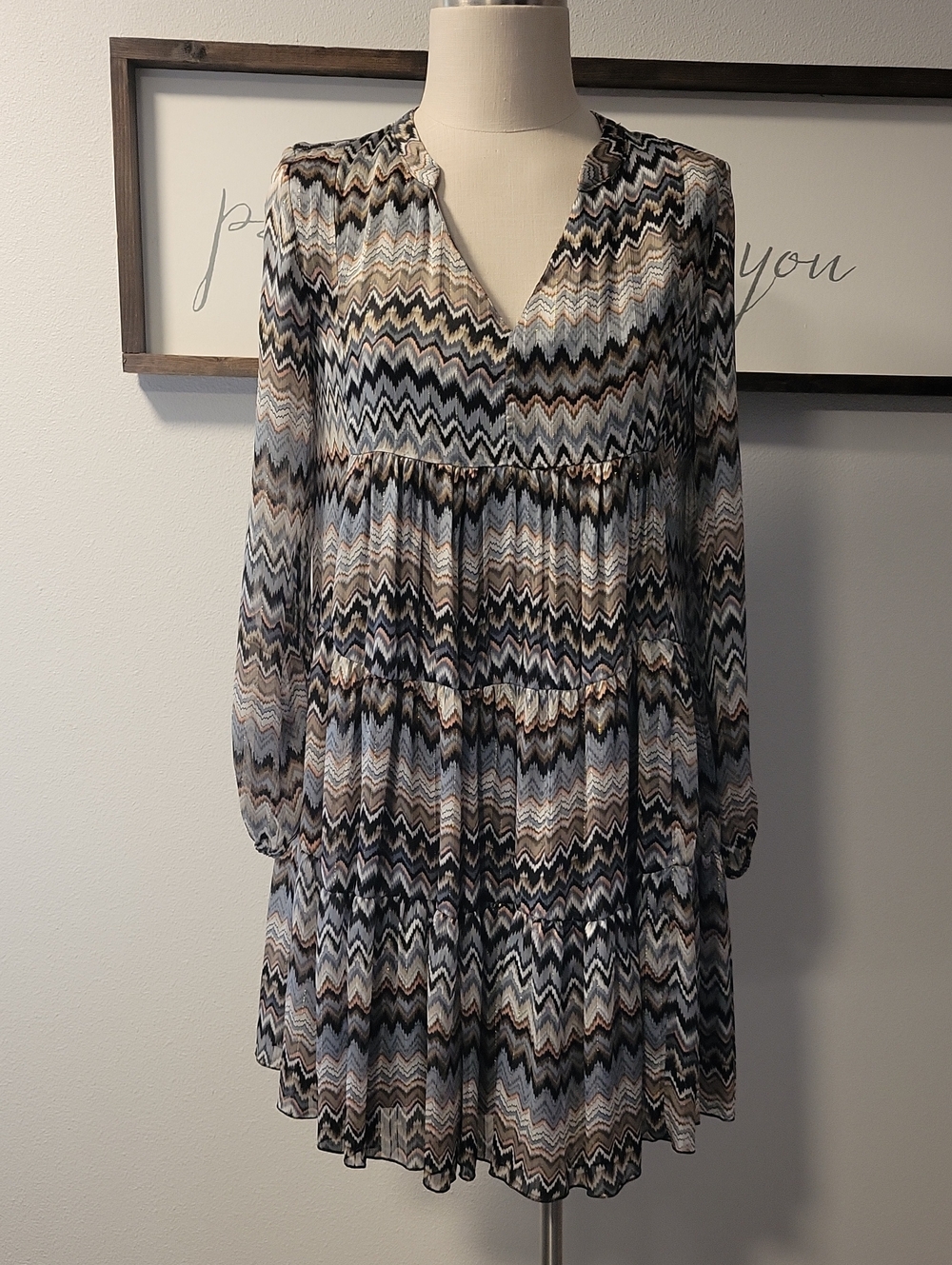 Jeff Gallano Paris Bohemian Tiered Babydoll Silhouette Long-Sleeve Dress